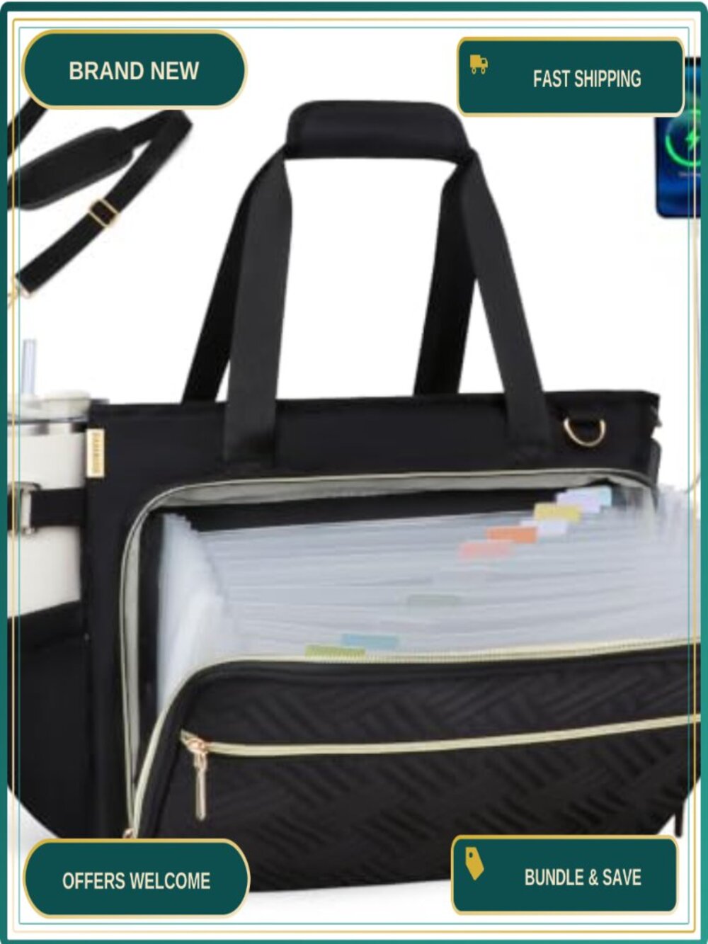 Sambois Teacher Tote Bag Nylon Fits 15.6" Laptop USB Port Cup Holder Work Bag